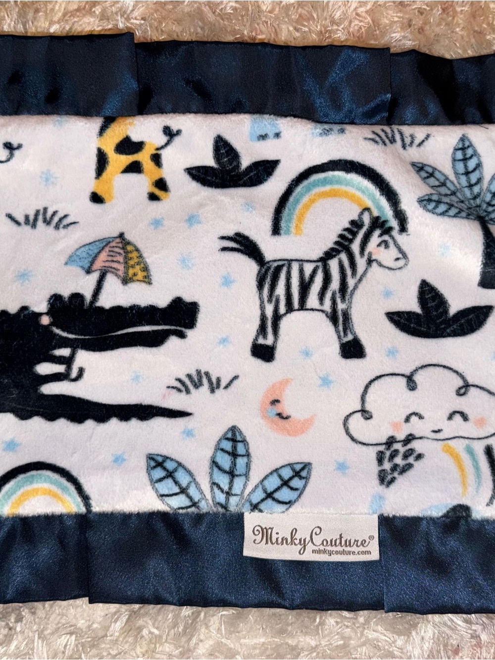 Minky Couture Kids Zebra & Rainbow Security Blanket - Navy Satin Trim